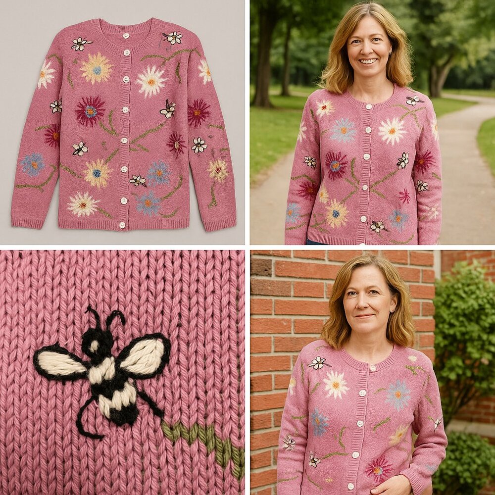 Talbots Hand-Knit Floral & Bee Cardigan — Rare Collectible (Size L) - Picture 4 of 9